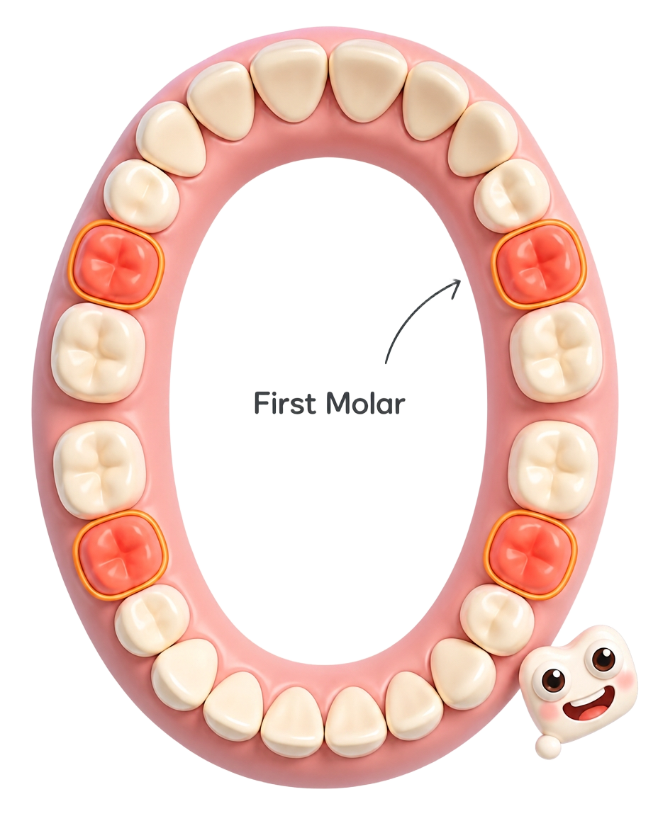 Illustration of a child's dental arch with the four first molars highlighted in red