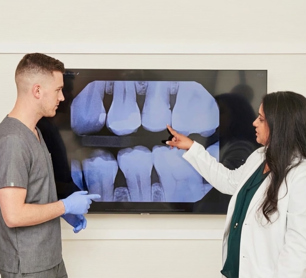 Dentist reviewing a digital x-ray with a patient at Nest Dental