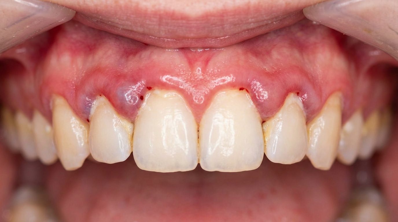 Close-up of inflamed, reddened gums around the upper teeth