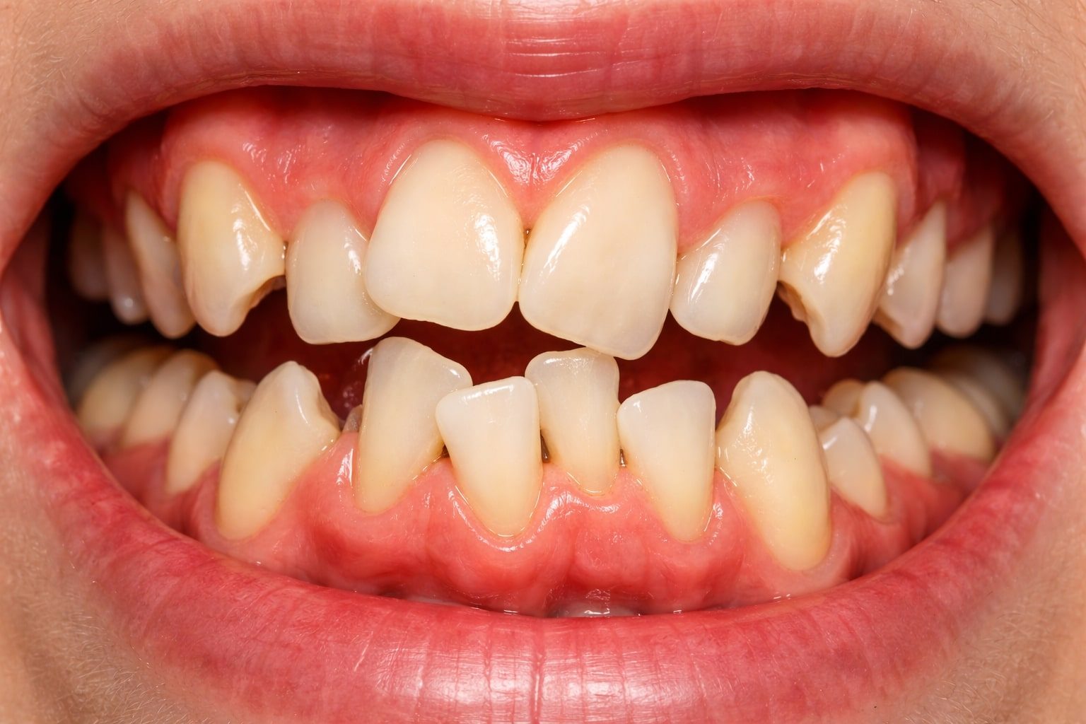 Close-up of upper and lower teeth showing crowding and an uneven bite