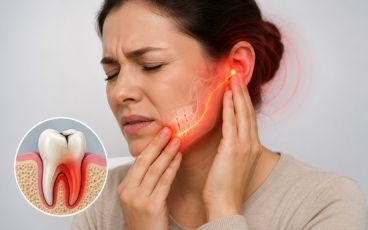 A woman with tooth pain radiating to her ear, with a tooth diagram