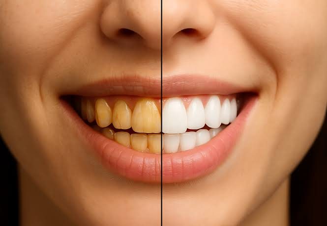 A smile split down the middle, showing yellow teeth on one side and white teeth on the other